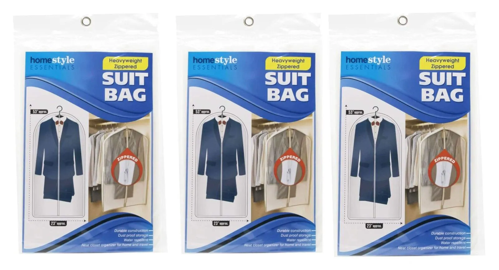 (3 Pack) Suit Bag Garment Travel Dress Storage Full Zipper Cover - Frosted Clear