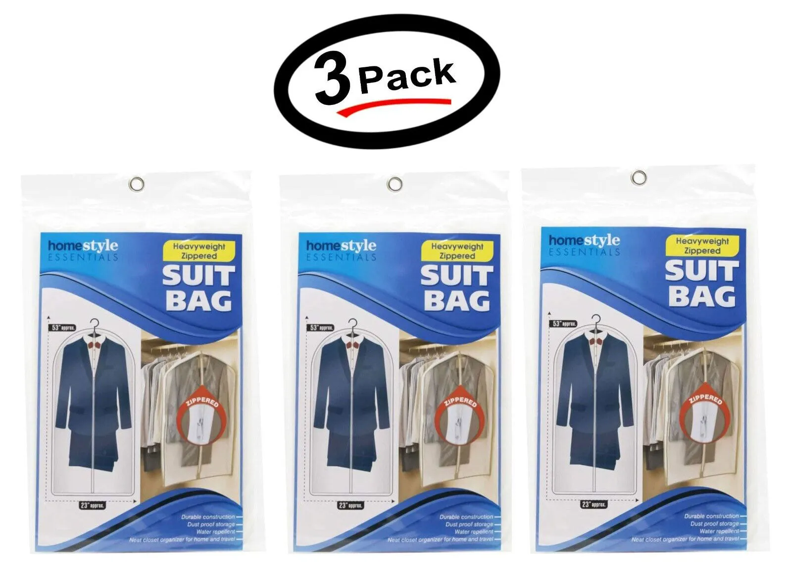 (3 Pack) Suit Bag Garment Travel Dress Storage Full Zipper Cover - Frosted Clear