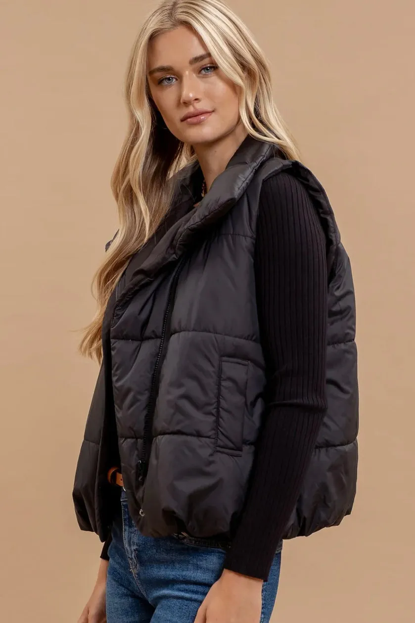 Black Asymmetrical Zip Up High Neck Puffer Vest