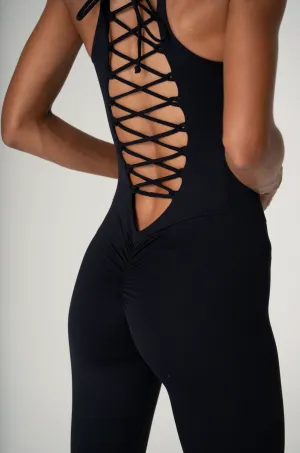 Cara Jumpsuit | Deep V With Criss Cross Back | Black Lycra