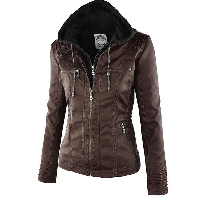 Faux Leather With Removeable Hat Women Coat