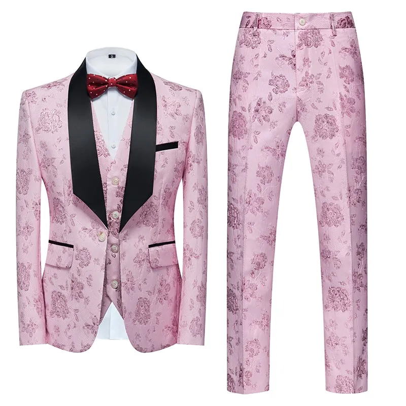 Flower Pattern Suits 3 Pcs Set Dress Blazers Jacket Pants Vest Coat