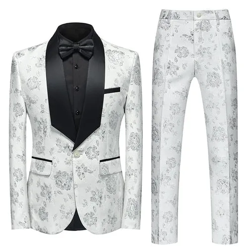 Flower Pattern Suits 3 Pcs Set Dress Blazers Jacket Pants Vest Coat