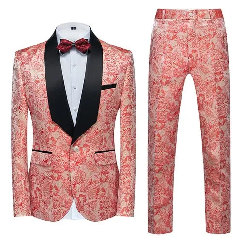 Flower Pattern Suits 3 Pcs Set Dress Blazers Jacket Pants Vest Coat