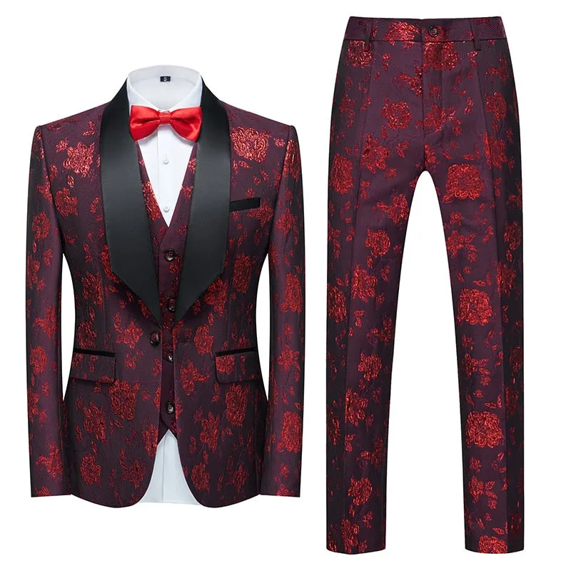 Flower Pattern Suits 3 Pcs Set Dress Blazers Jacket Pants Vest Coat