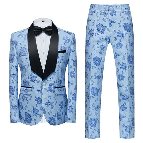 Flower Pattern Suits 3 Pcs Set Dress Blazers Jacket Pants Vest Coat