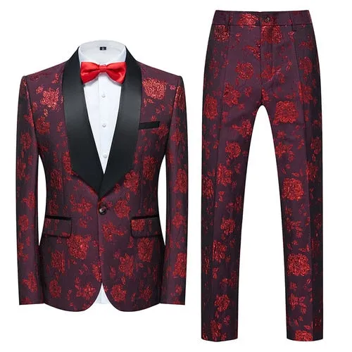 Flower Pattern Suits 3 Pcs Set Dress Blazers Jacket Pants Vest Coat