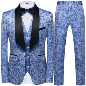 Flower Pattern Suits 3 Pcs Set Dress Blazers Jacket Pants Vest Coat