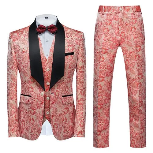 Flower Pattern Suits 3 Pcs Set Dress Blazers Jacket Pants Vest Coat