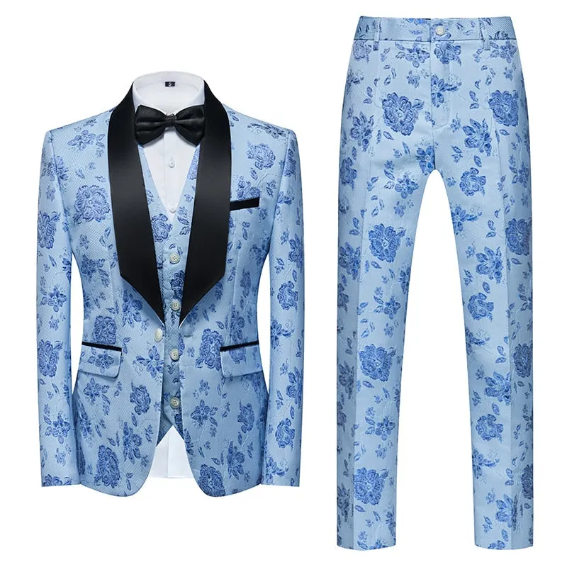 Flower Pattern Suits 3 Pcs Set Dress Blazers Jacket Pants Vest Coat