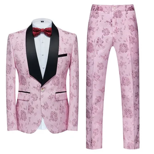 Flower Pattern Suits 3 Pcs Set Dress Blazers Jacket Pants Vest Coat