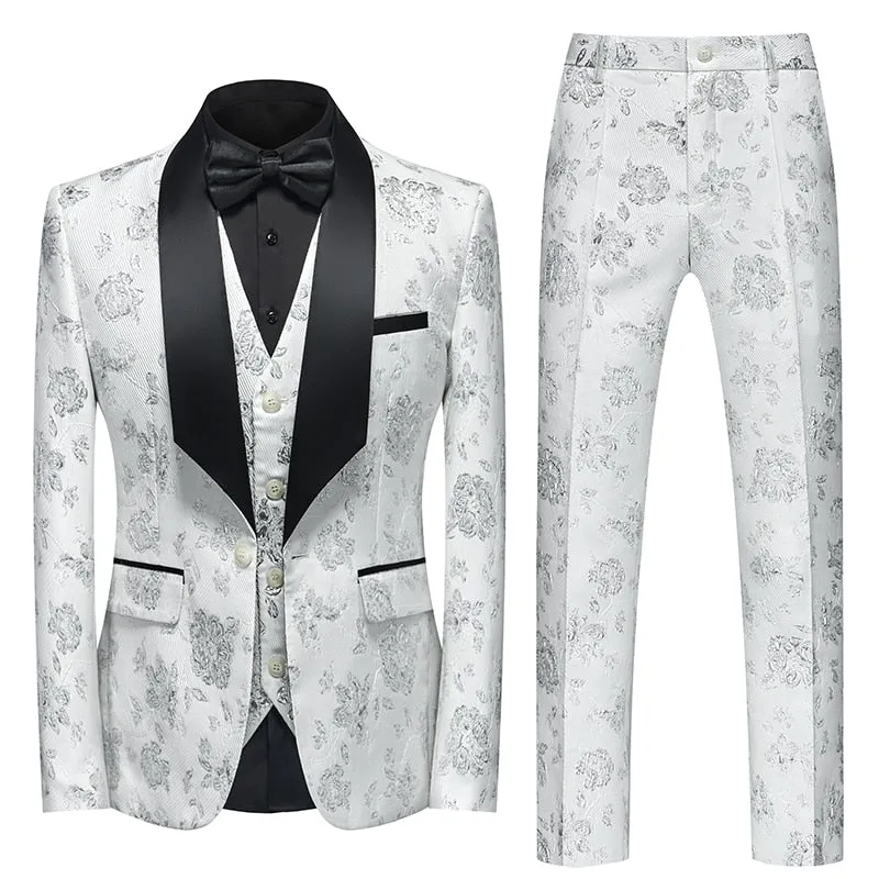 Flower Pattern Suits 3 Pcs Set Dress Blazers Jacket Pants Vest Coat