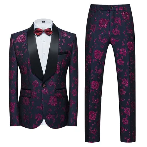 Flower Pattern Suits 3 Pcs Set Dress Blazers Jacket Pants Vest Coat