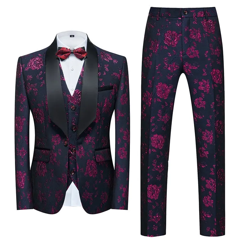 Flower Pattern Suits 3 Pcs Set Dress Blazers Jacket Pants Vest Coat