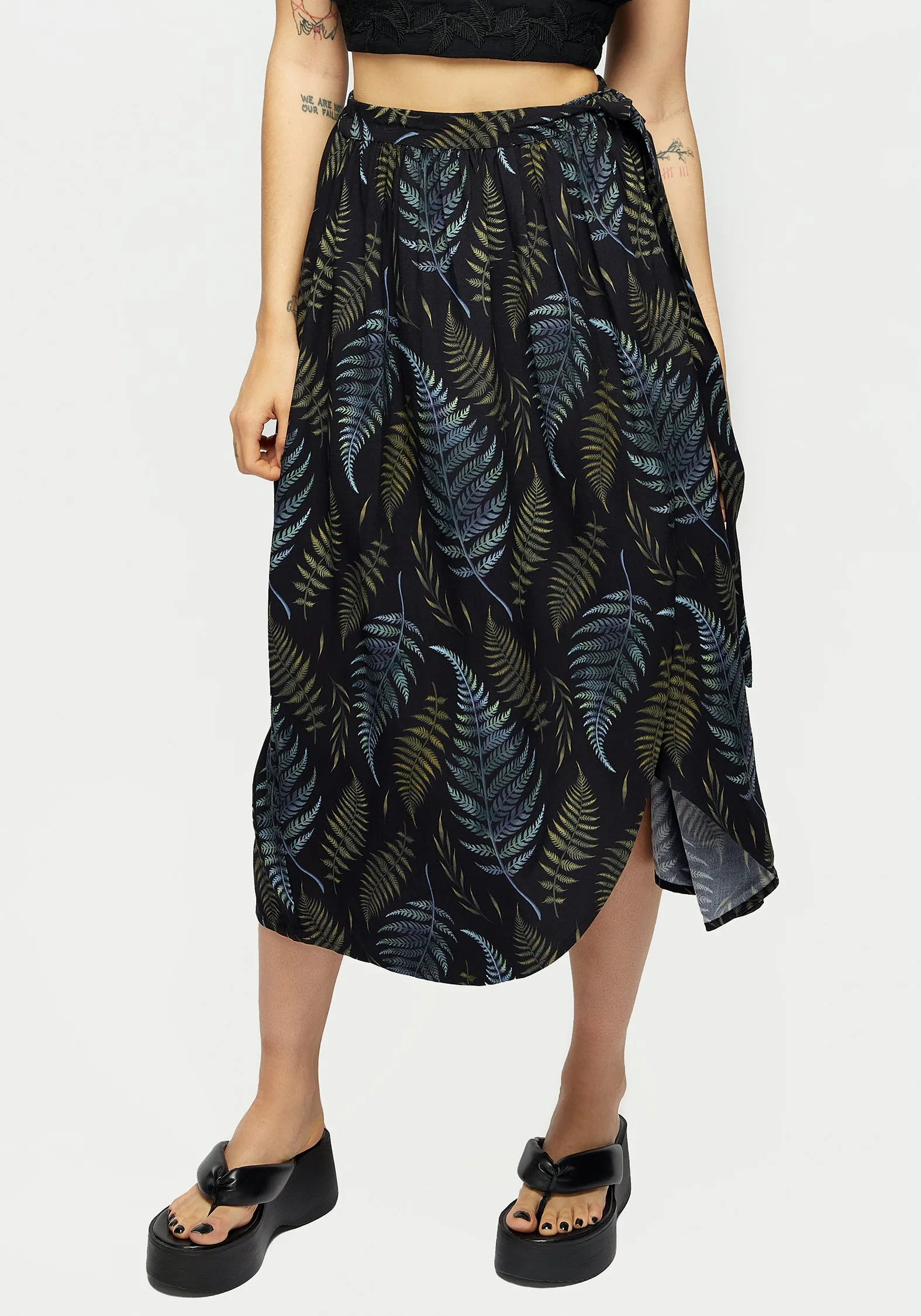 Frond Print Faux Wrap Skirt