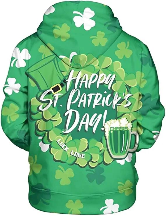 Luck Love Happy St Patrick's Day Hoodie 3D Printed Graphics Hoodies Cool Realistic with Designs Pullover Sweatshirts for Men Women