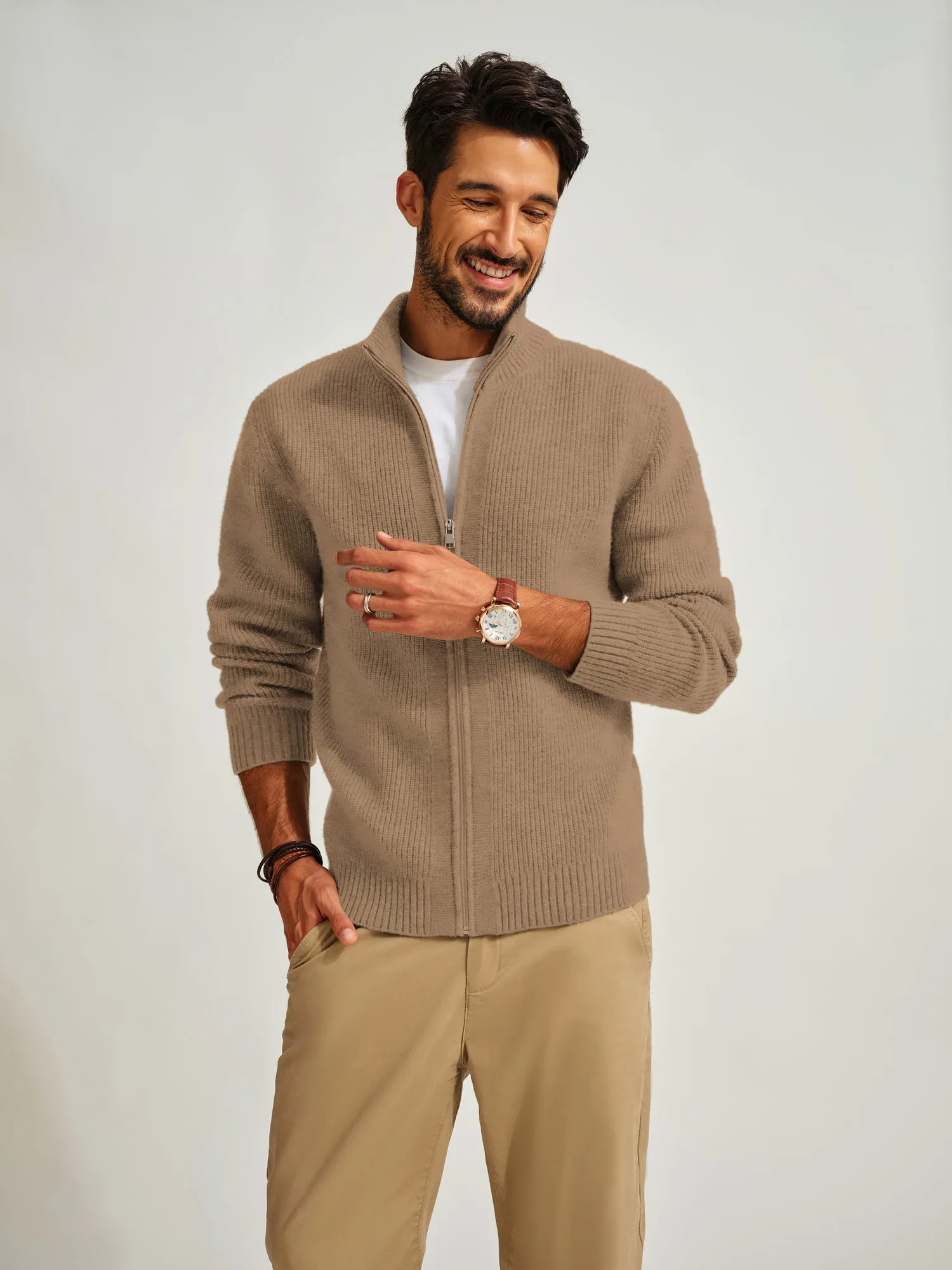 Men Stand Collar Textured Cardigan Long Sleeve Zip-up Sweater Knitwear