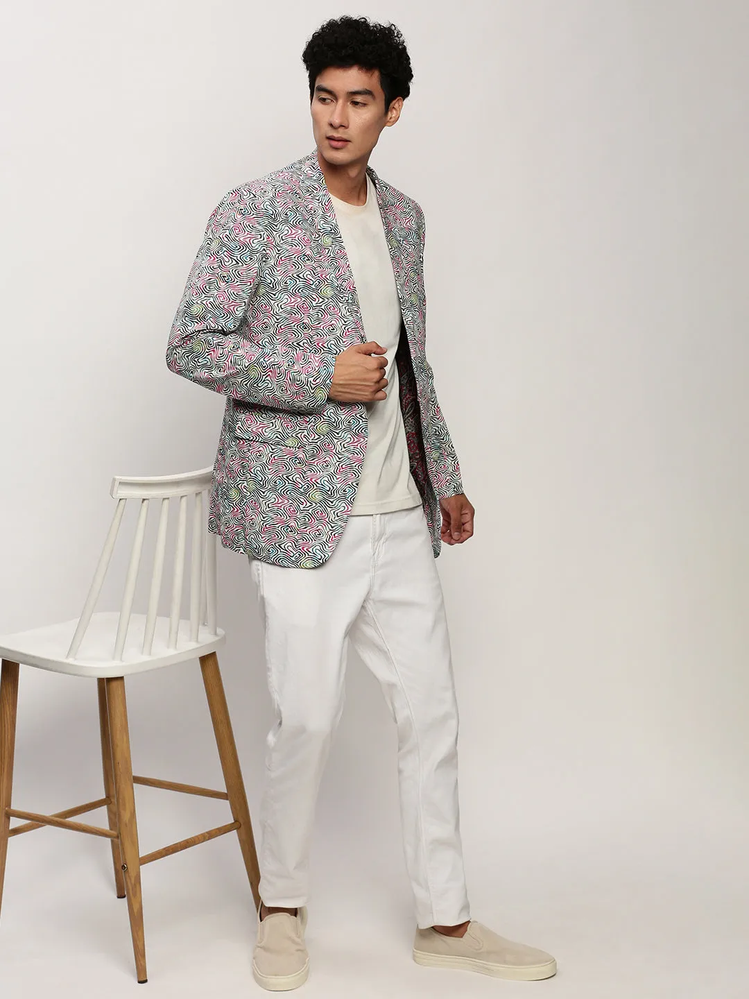 Men White Printed Casual Blazers