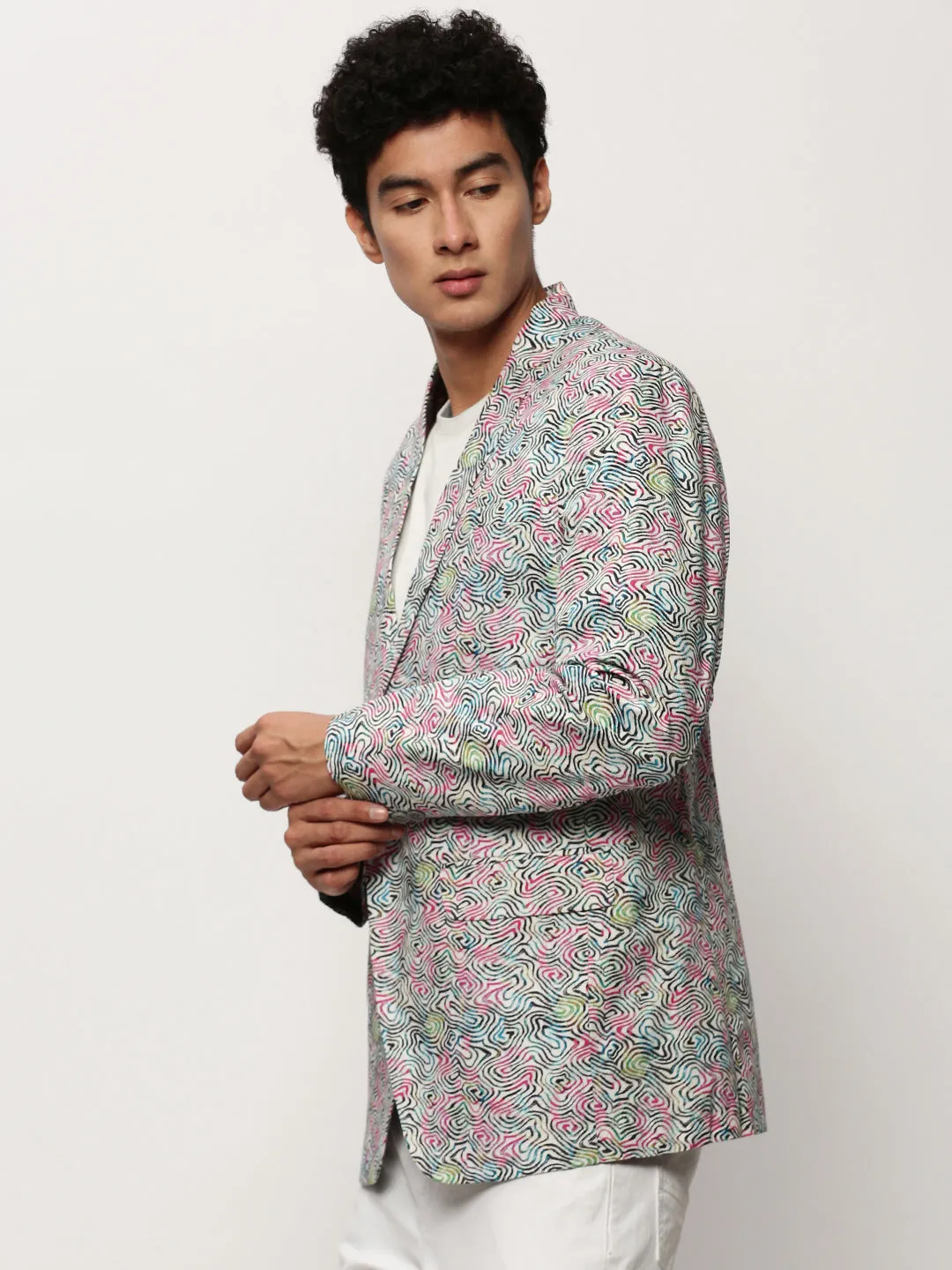 Men White Printed Casual Blazers