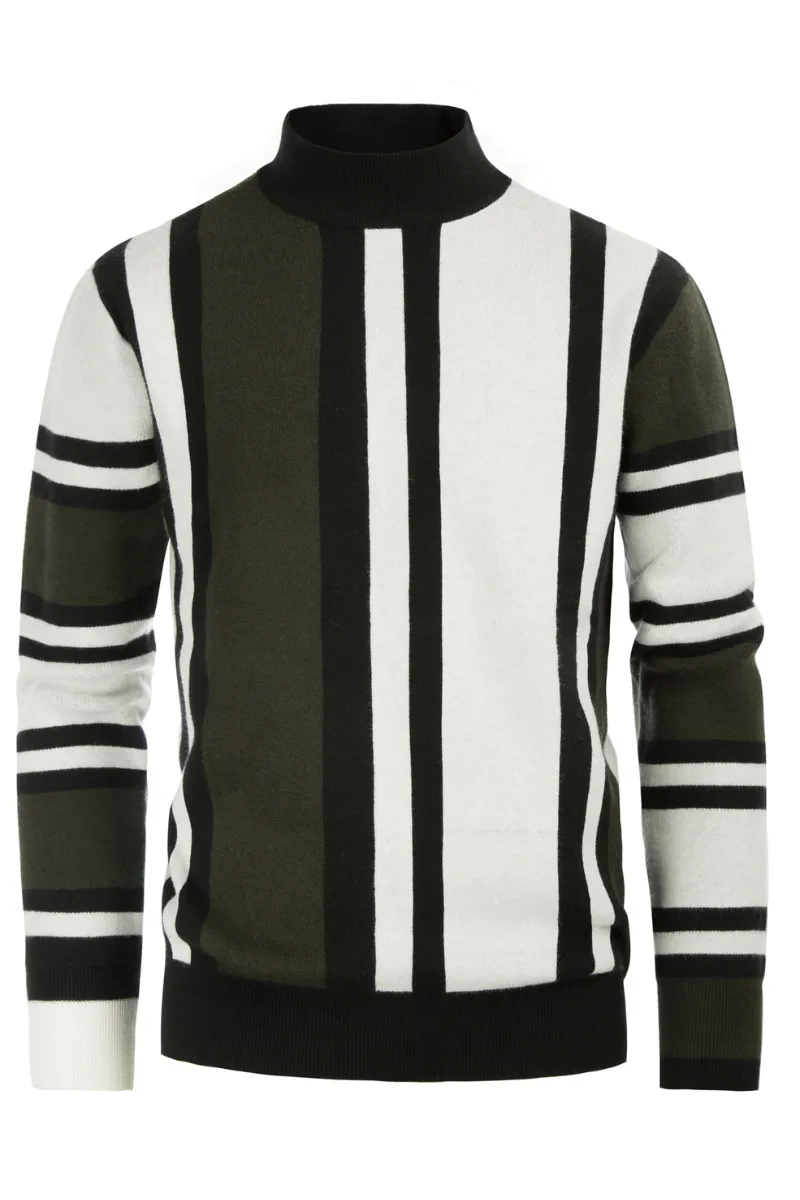 Mens Vintage Stripes Pullover Stand Collar Mockneck Jumper Sweater