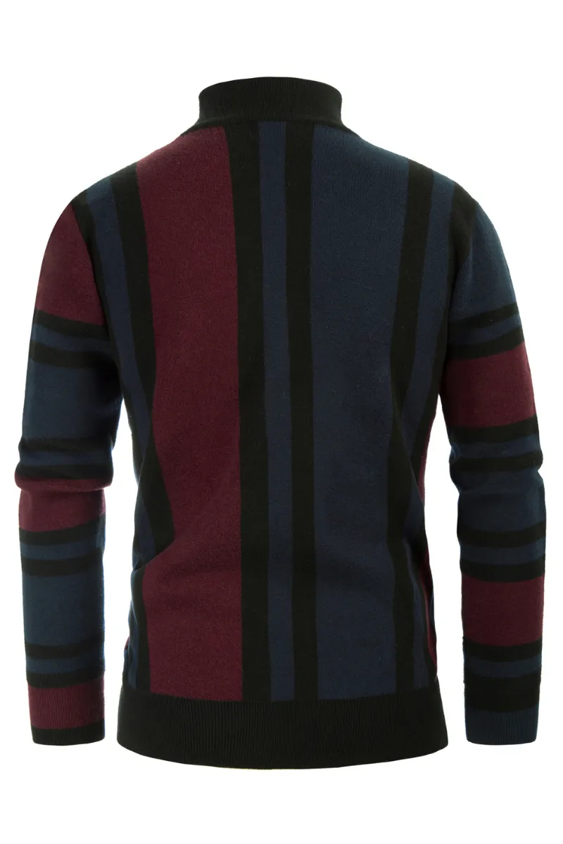 Mens Vintage Stripes Pullover Stand Collar Mockneck Jumper Sweater