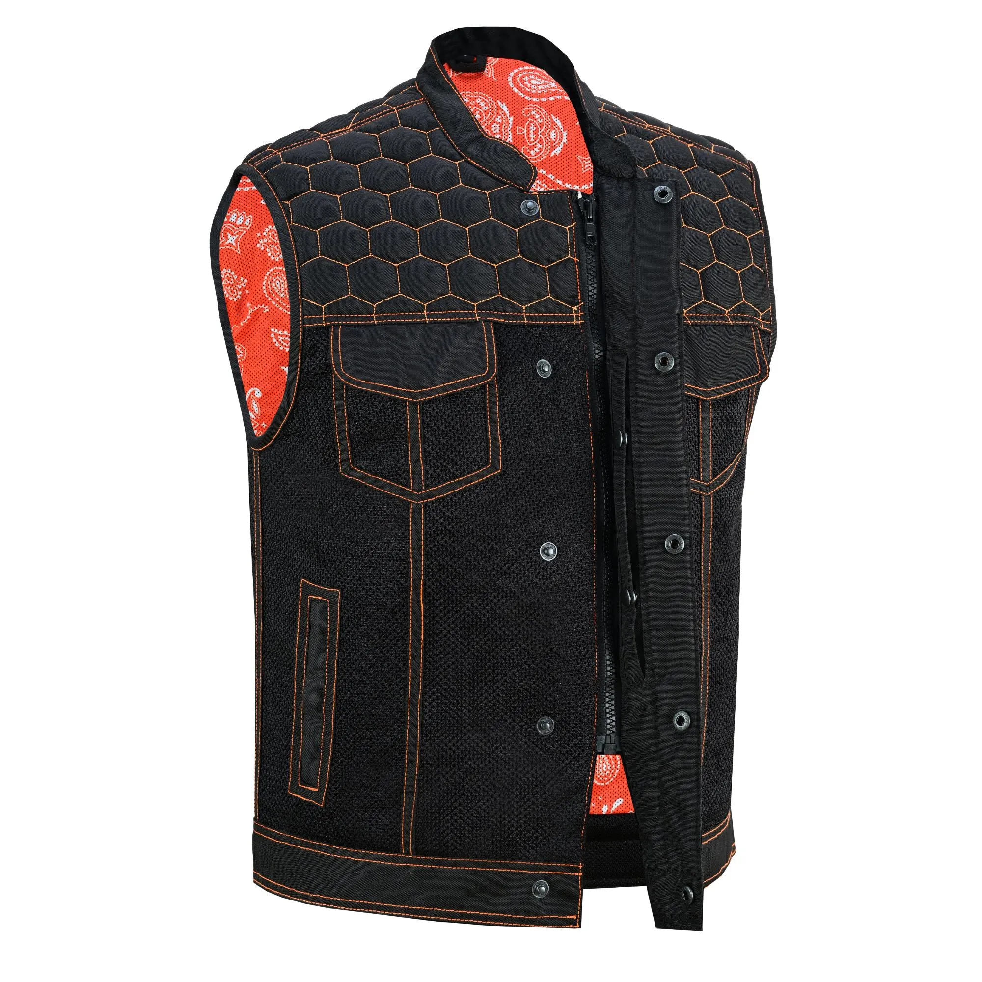 Night Tiger Men’s Black Mesh Textile Vest with Orange Diamond Stitch