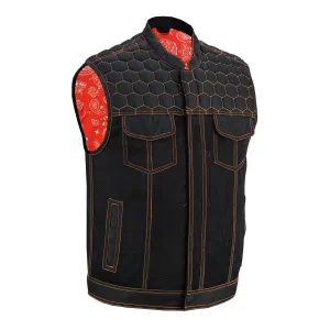 Night Tiger Men’s Black Mesh Textile Vest with Orange Diamond Stitch