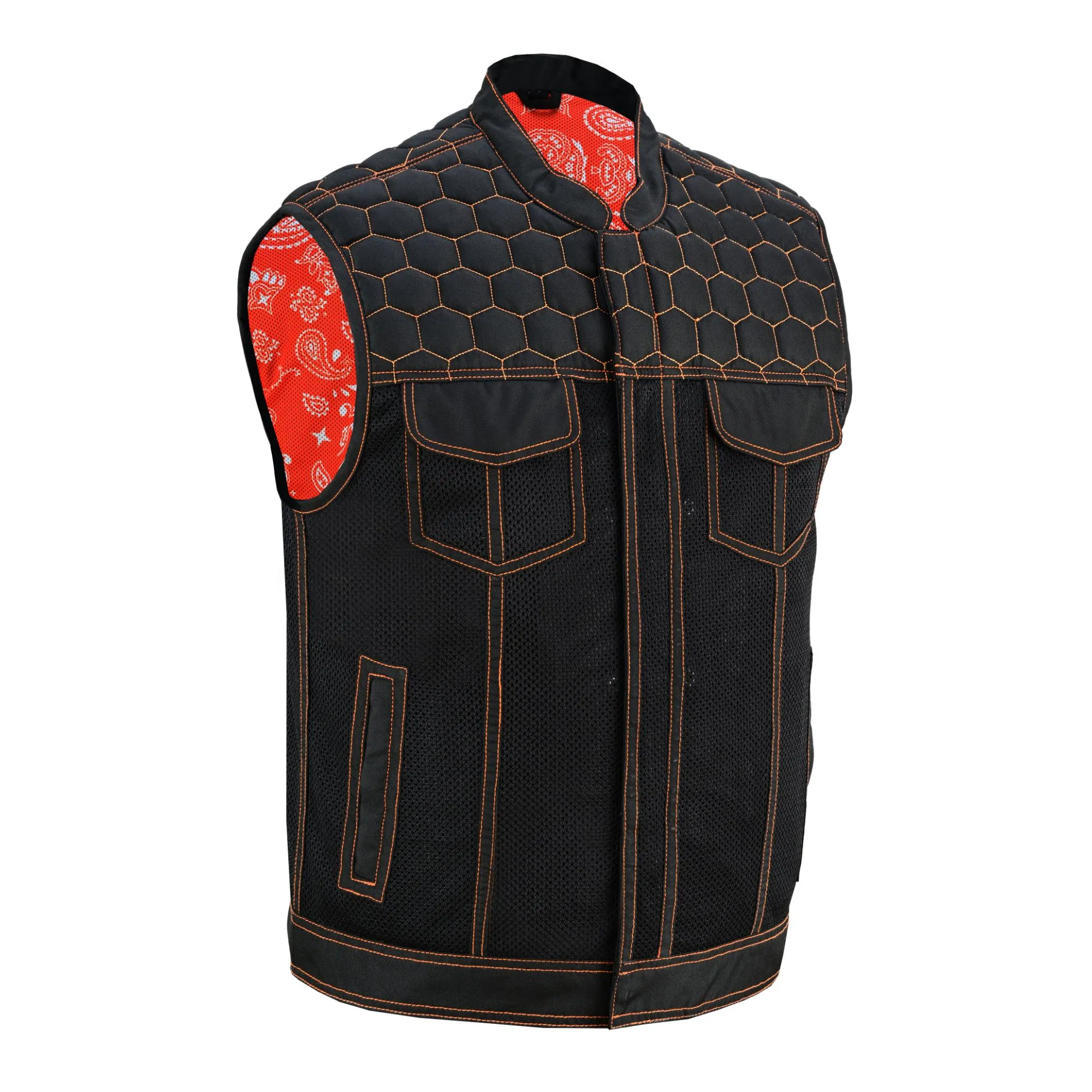 Night Tiger Men’s Black Mesh Textile Vest with Orange Diamond Stitch