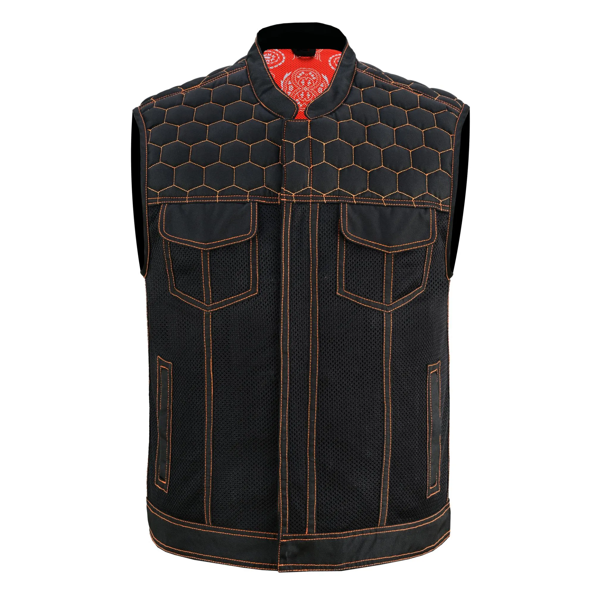 Night Tiger Men’s Black Mesh Textile Vest with Orange Diamond Stitch