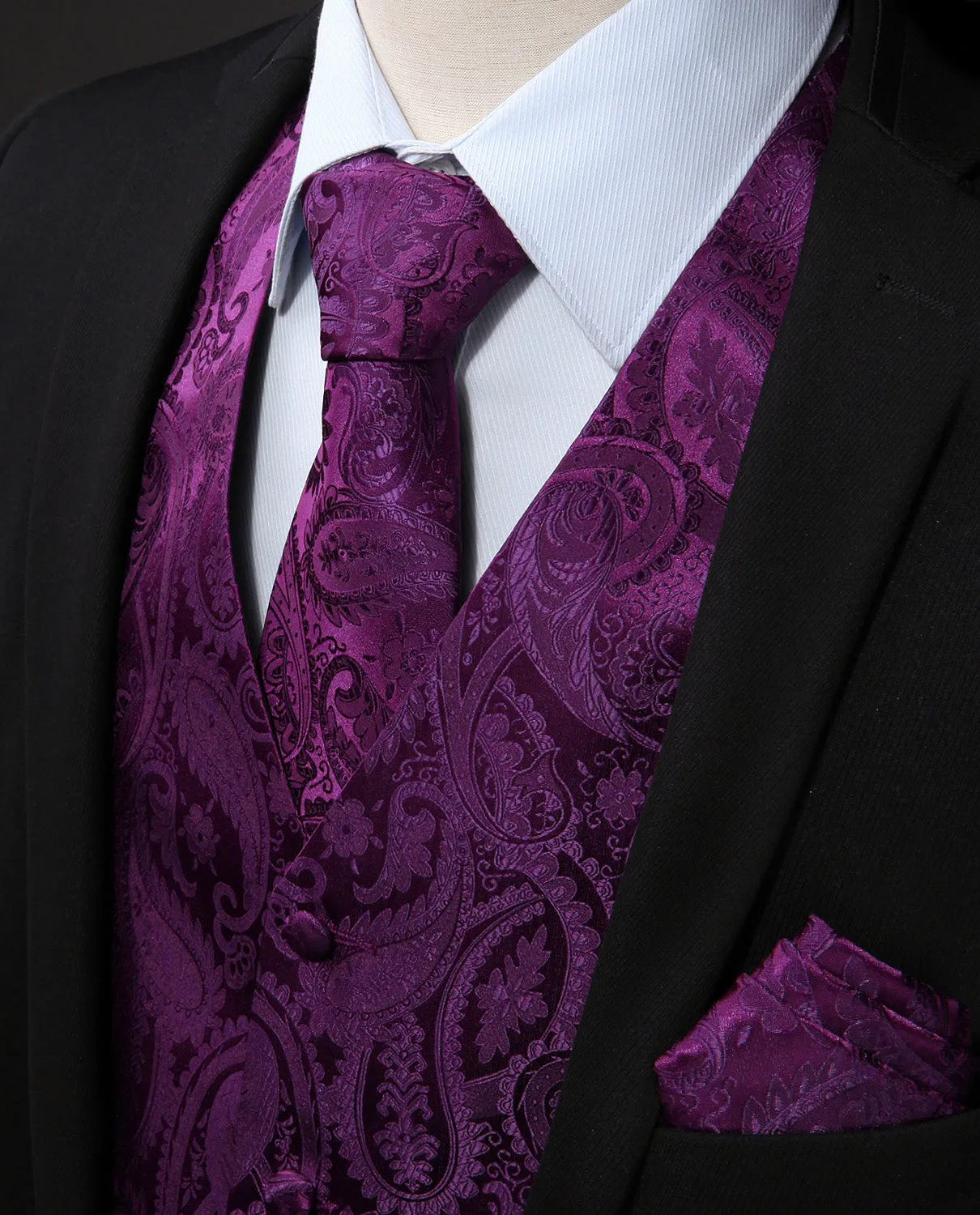 Paisley Suit Vest Tie Handkerchief Set - PURPLE