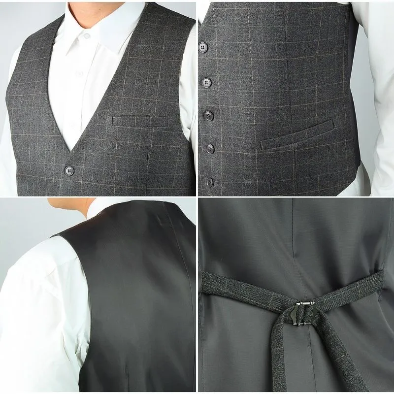 Plaid Slim Suit Vest - A-CHARCOAL GREY