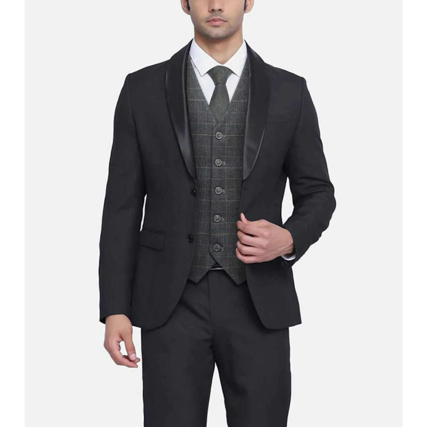 Plaid Slim Suit Vest - A-CHARCOAL GREY