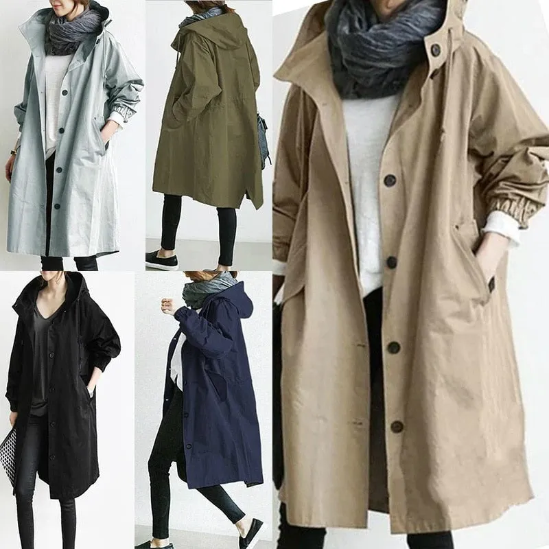 Purpdrank - Women Fashion Trench Coat Spring Autumn Casual Hooded Medium Long Overcoat Loose Windproof Coat Korean Trendy Large Size