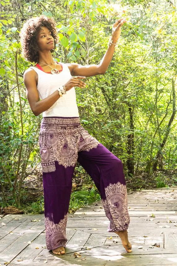 Purple FLORAL Women Boho Pants Hippie Pants Yoga Pants