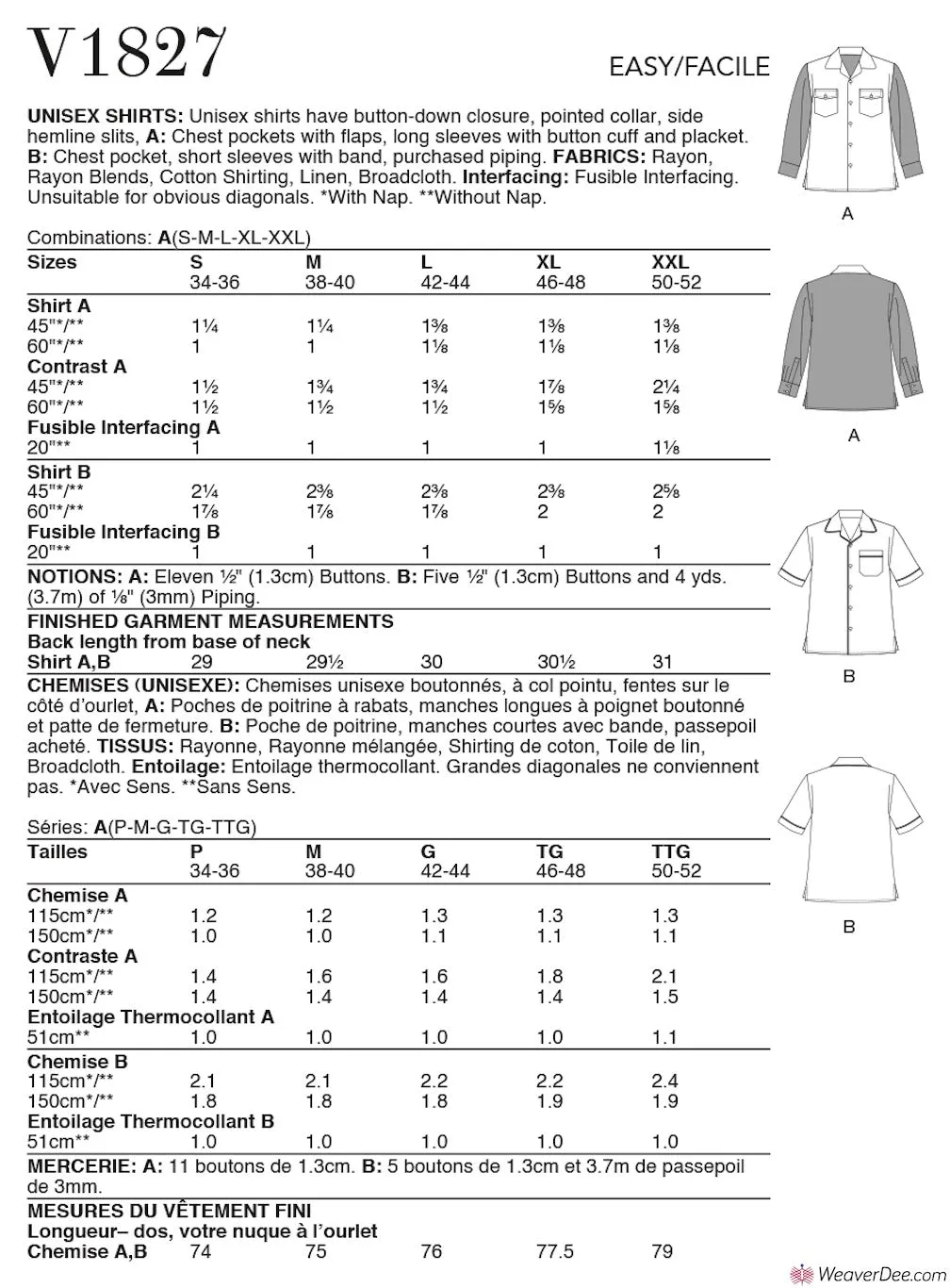 Vogue Pattern V1827 Unisex Shirts