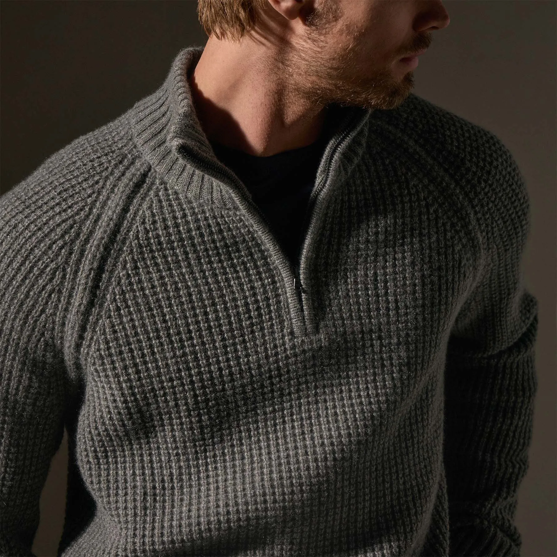 Waffle Knit Half Zip - Granite