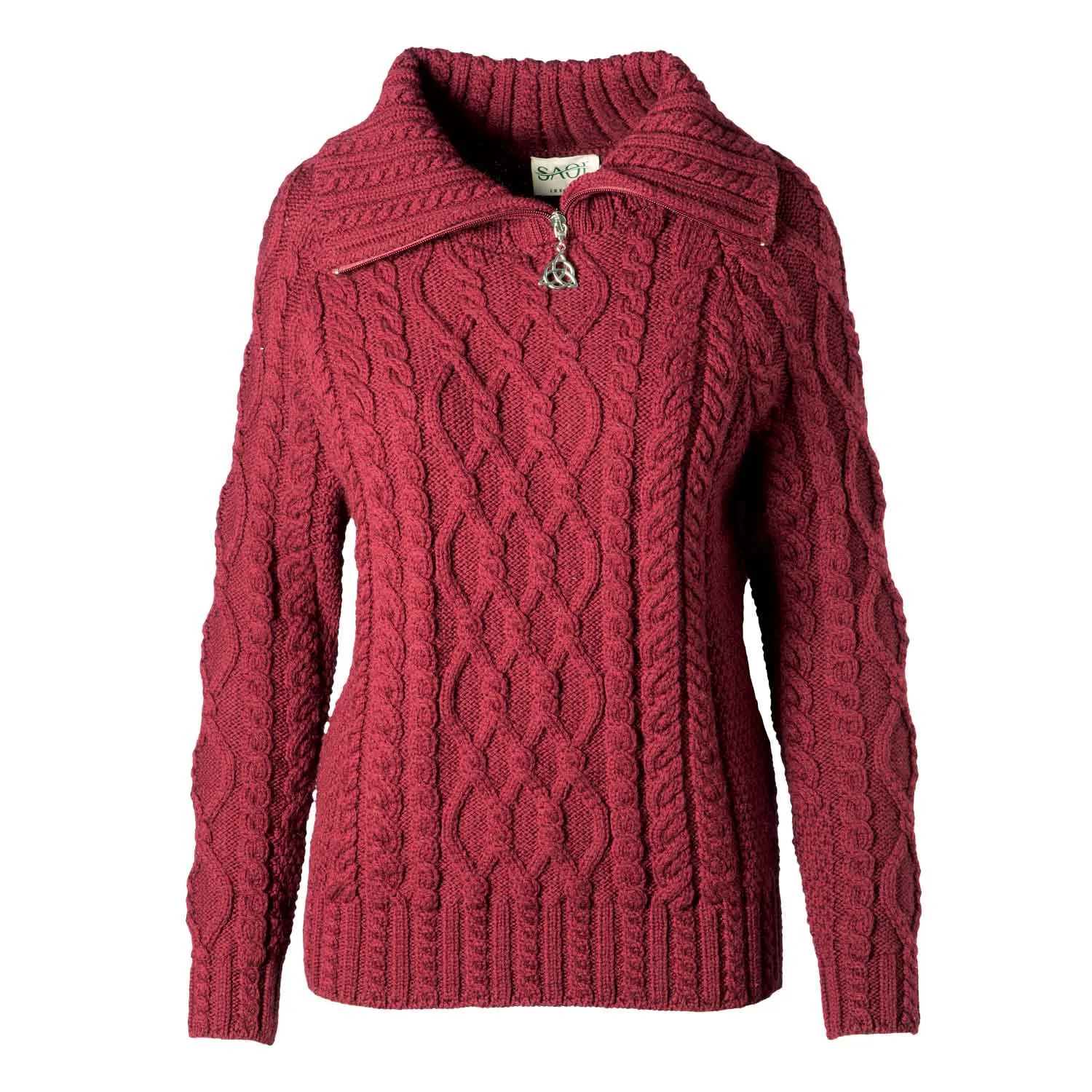 Women's Zipper Neck Aran Knit Sweater, Wine