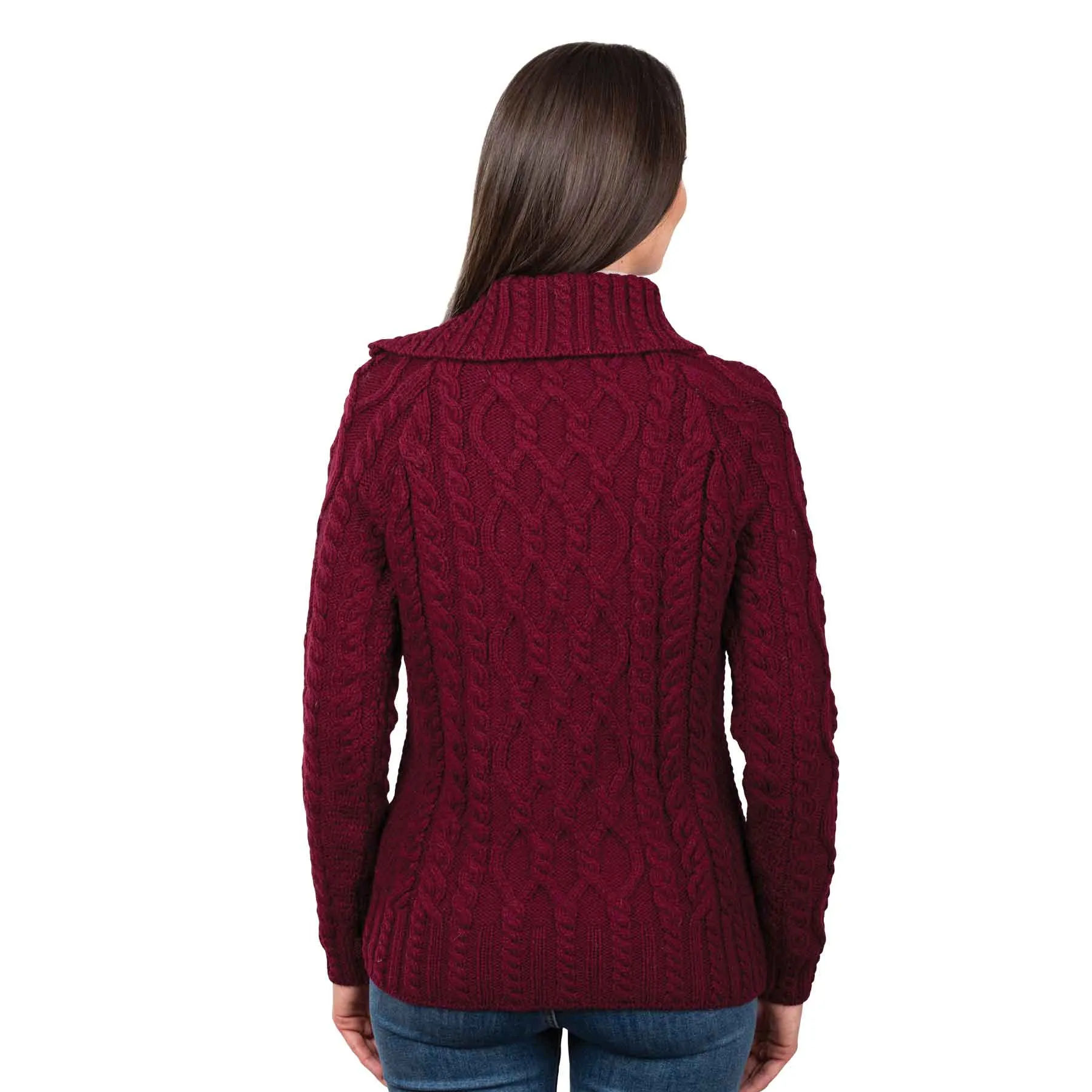 Women's Zipper Neck Aran Knit Sweater, Wine